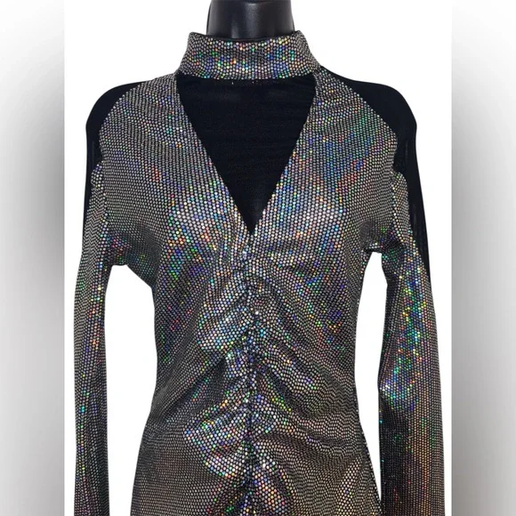 ChicMe Black & Silver Disco Style Long Sleeve Dress Medium NWOT - Picture 3 of 7